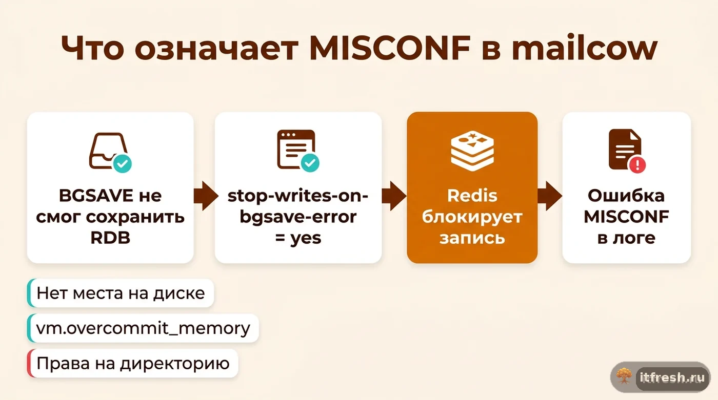 Схема причинно-следственной цепочки от отказа BGSAVE до появления ошибки MISCONF в Redis mailcow