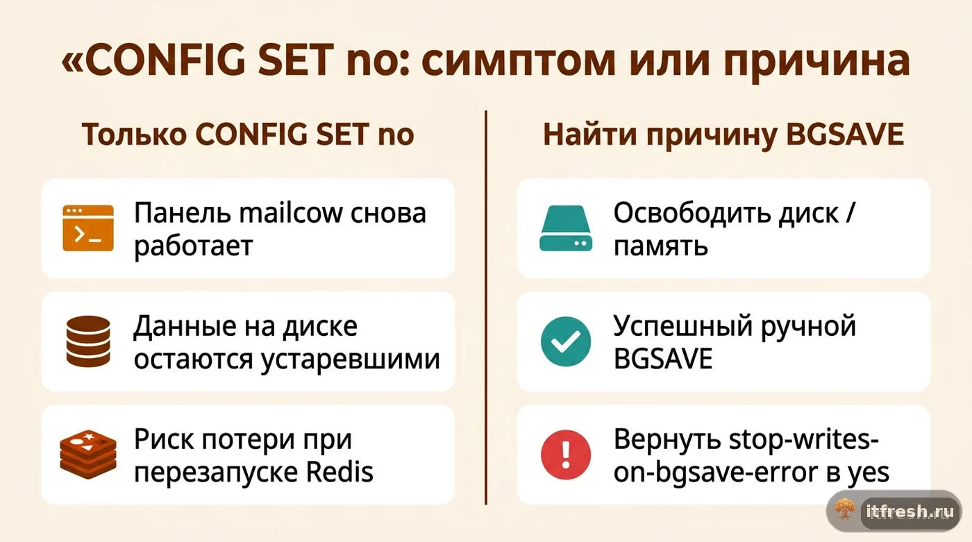 Сравнение временного отключения защиты Redis командой CONFIG SET и полноценного устранения причины отказа BGSAVE
