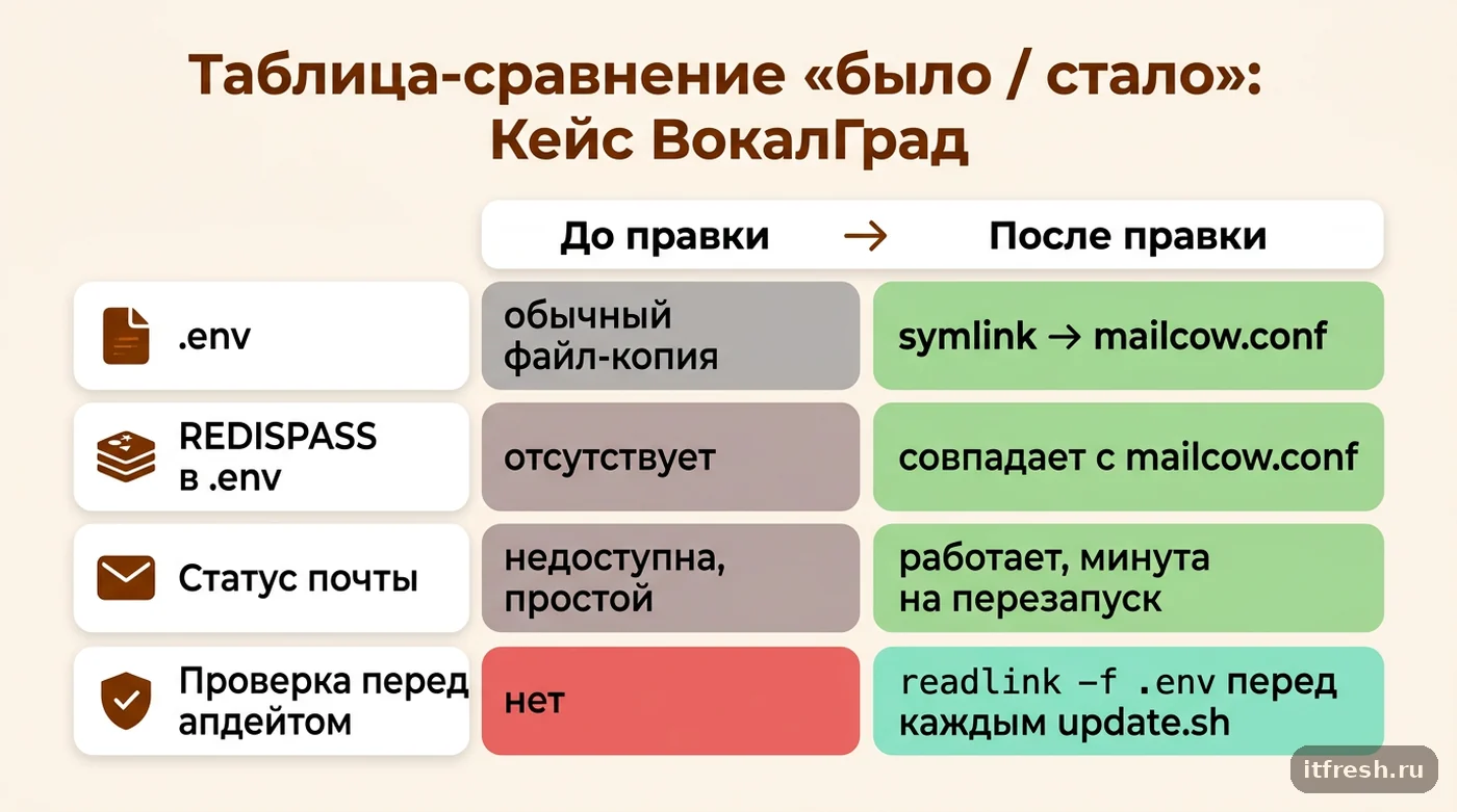Сравнение состояния mailcow до и после исправления symlink .env у клиента ВокалГрад