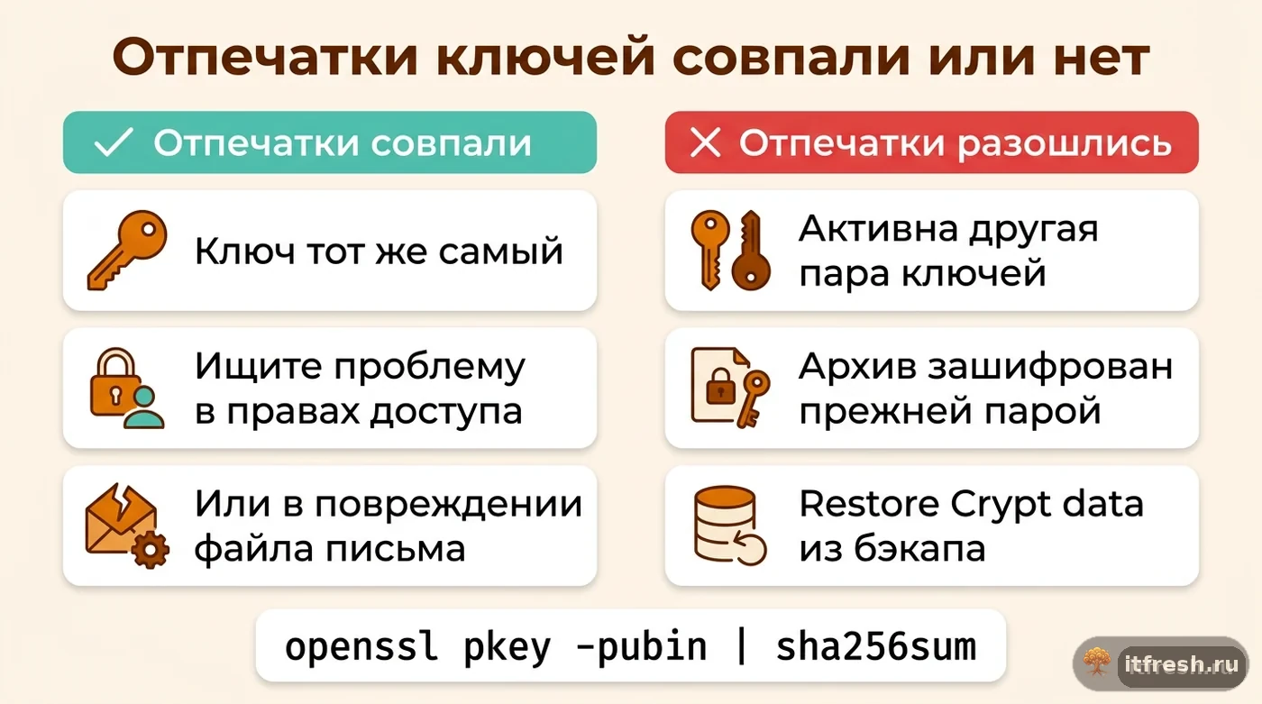 Сравнение двух исходов проверки отпечатка ключа шифрования mailcow: совпадение и расхождение, что делать в каждом случае
