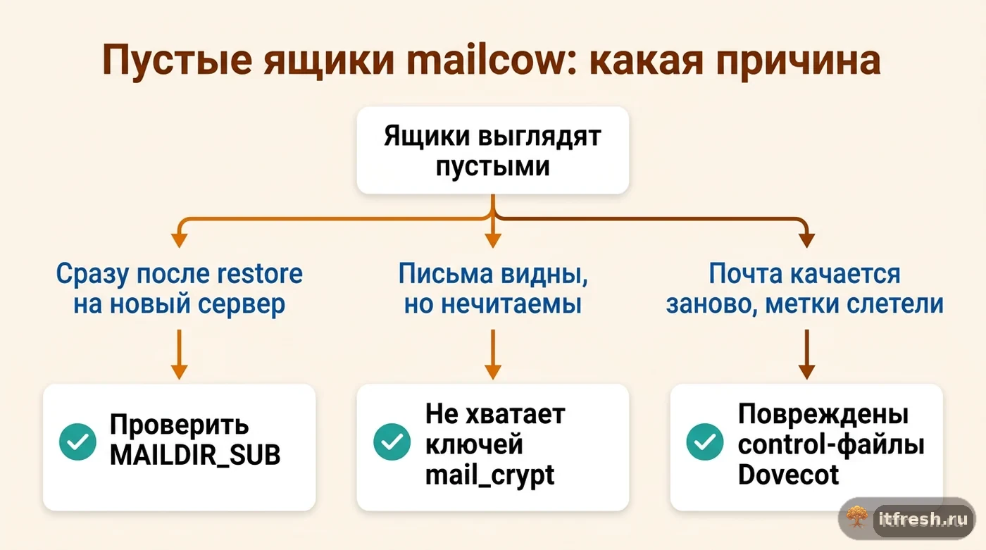 Дерево диагностики трёх разных причин пустых или нечитаемых почтовых ящиков в mailcow