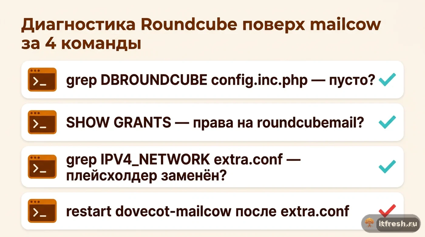 Чек-лист из четырёх команд для диагностики ошибок Roundcube при установке поверх mailcow