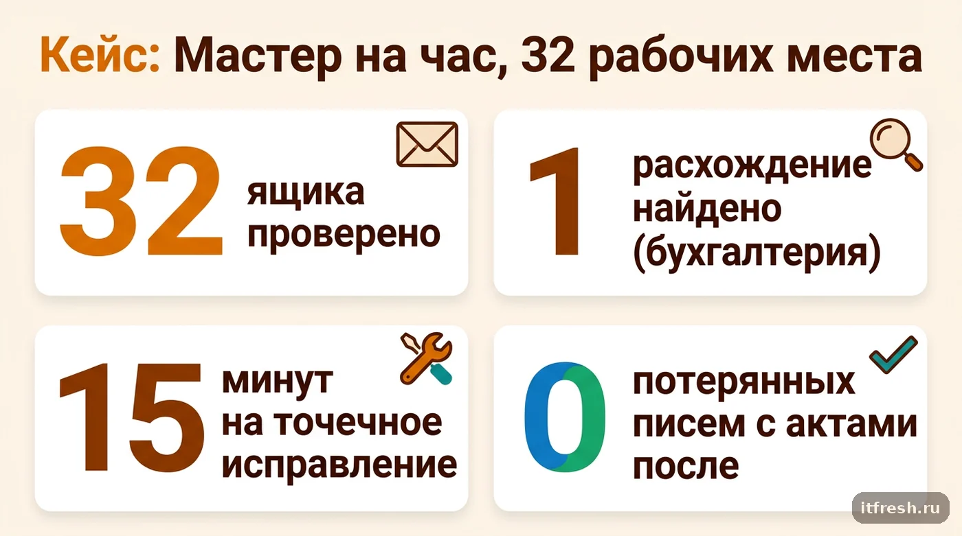 Итоговые цифры кейса устранения расхождения порогов спама Rspamd для мастерской «Мастер на час»