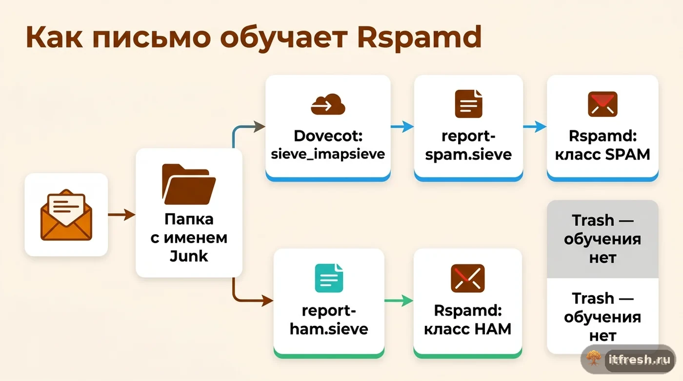 Схема обучения Rspamd через Dovecot imapsieve: перенос в Junk даёт класс SPAM, перенос из Junk — класс HAM