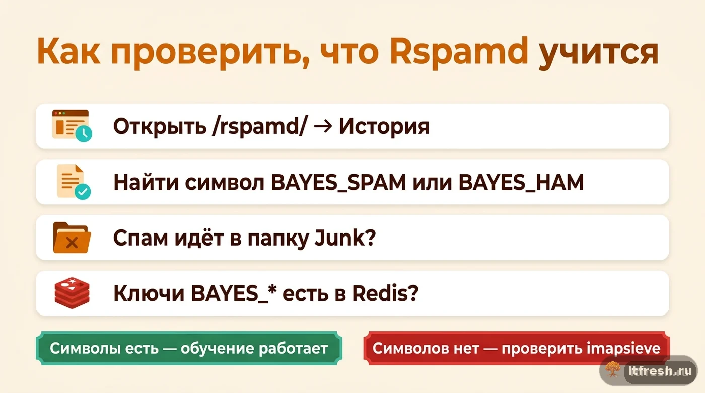 Чек-лист проверки обучения Rspamd: история Rspamd, символы BAYES, папка с именем Junk, ключи в Redis