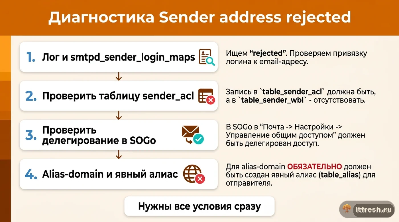 Чек-лист из четырёх шагов для диагностики ошибки Sender address rejected not owned by user в mailcow