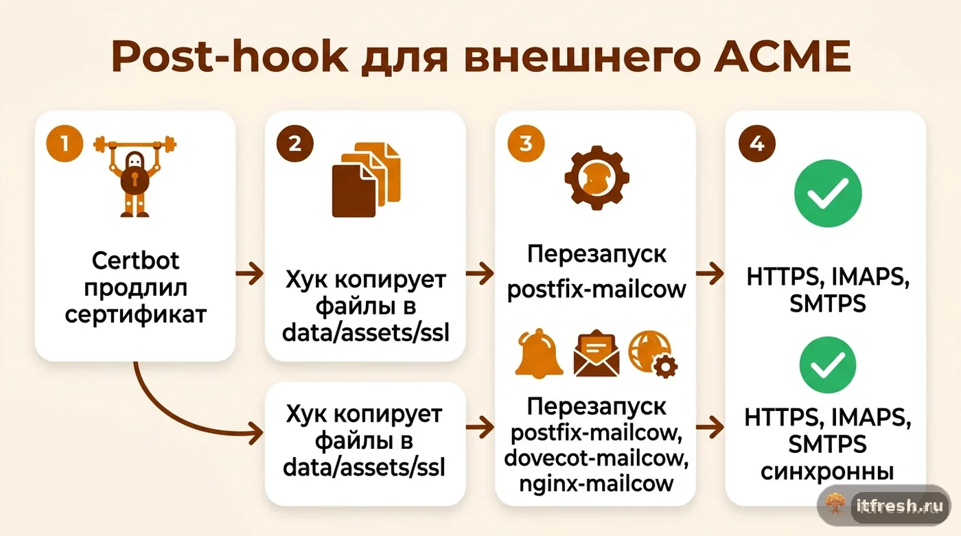 Четыре шага автоматического post-hook: от продления сертификата certbot до синхронного обновления всех протоколов mailcow