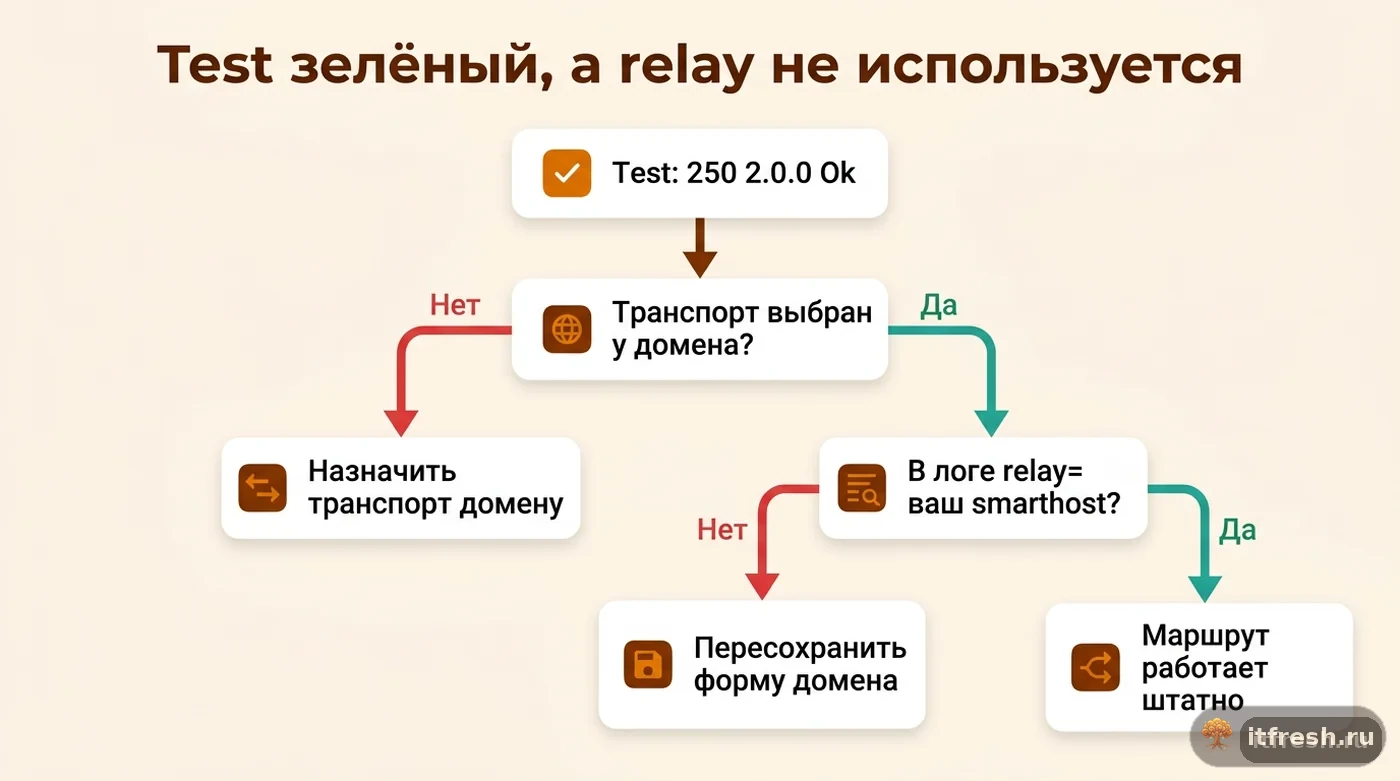 Дерево диагностики: что проверить, если Test relayhost в mailcow зелёный, а письма домена всё равно не идут через smarthost