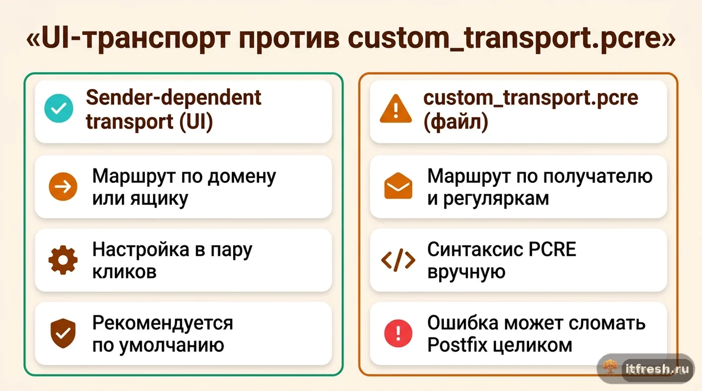 Сравнение штатного sender-dependent transport в UI mailcow и файла custom_transport.pcre для тонкой маршрутизации