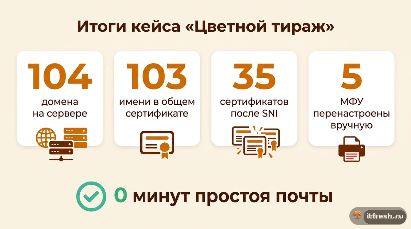 Итоговые цифры кейса включения SNI-сертификатов в mailcow: 104 домена, 103 имени, 35 сертификатов, без простоя