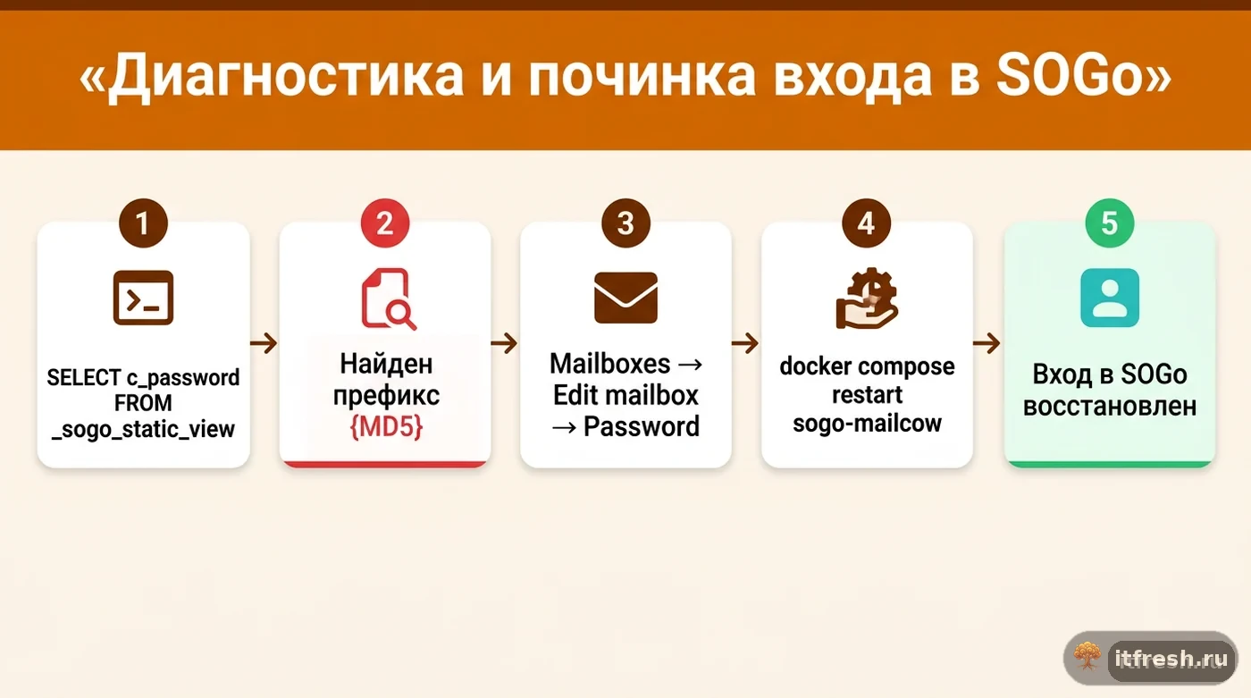 Пятишаговый процесс диагностики и исправления входа в SOGo при старом MD5-хеше пароля