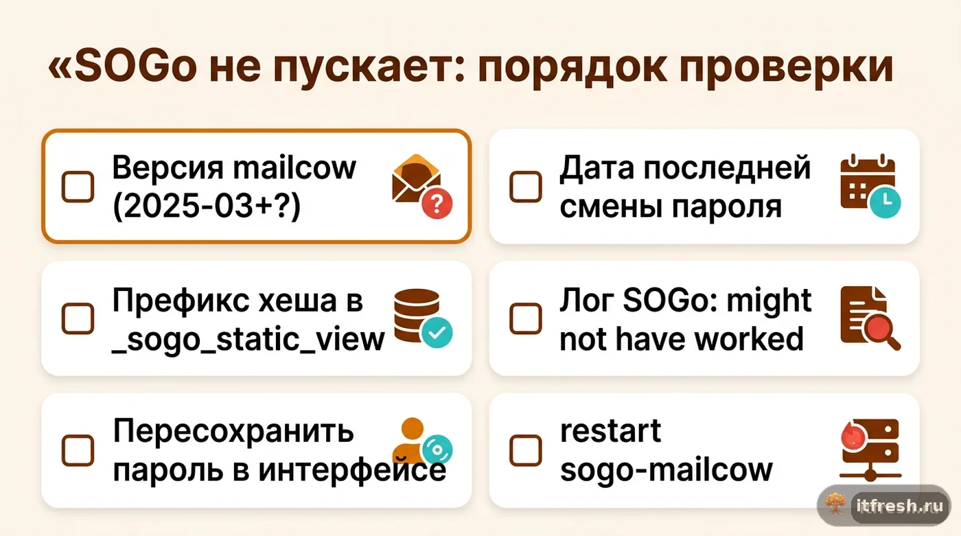 Чек-лист из шести шагов диагностики избирательного отказа входа в SOGo после переноса mailcow
