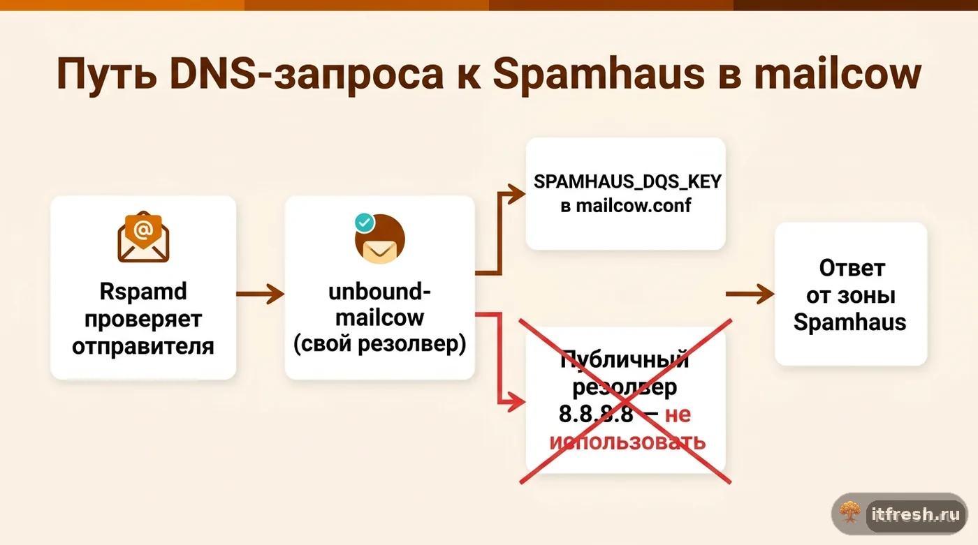 Схема правильного пути DNS-запроса к зонам Spamhaus через собственный резолвер unbound-mailcow и ключ DQS