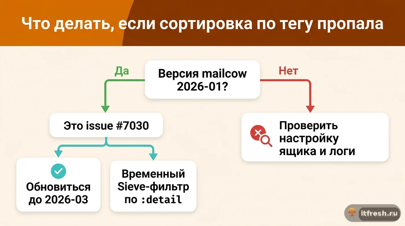 Дерево решений для диагностики пропавшей сортировки по тегу в mailcow: версия сервера определяет причину