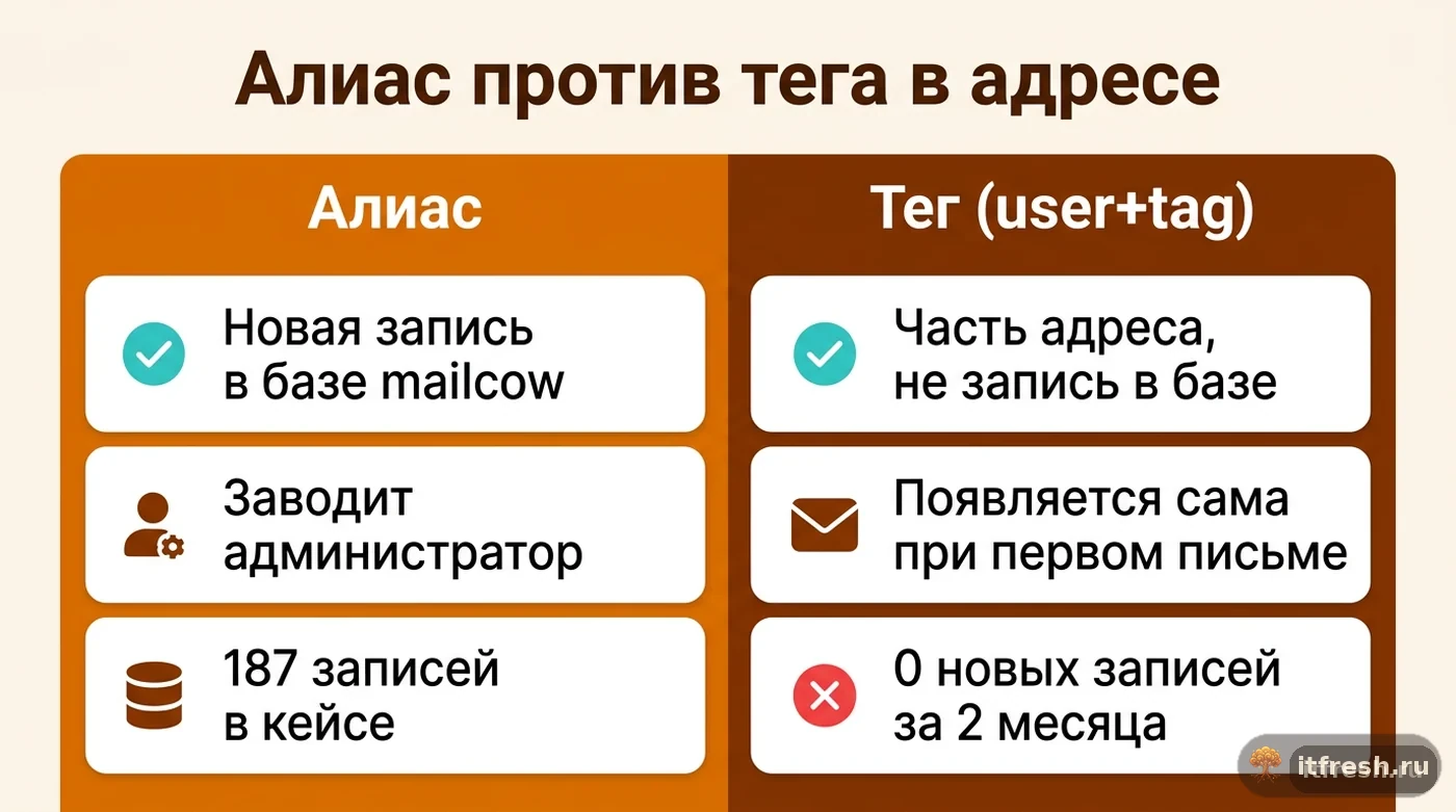Сравнение алиаса и тегированного адреса в mailcow по числу записей и способу появления