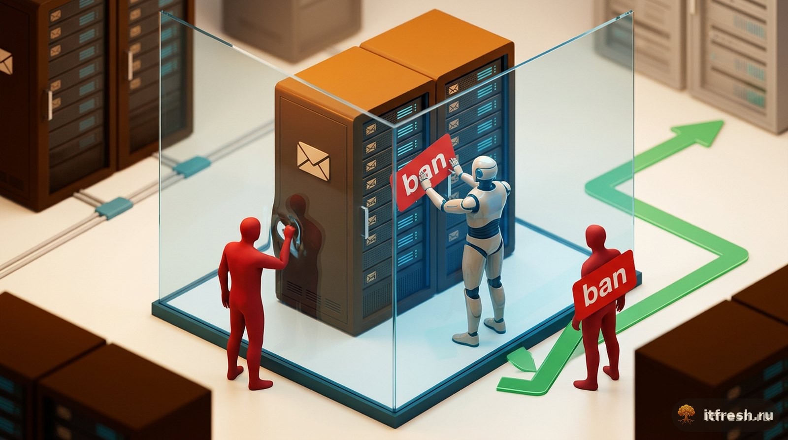 Иллюстрация: mailcow банит IP внутри своей сети, но атакующий остаётся снаружи реверс-прокси, пока бан не применён на самом прокси