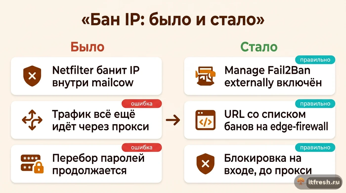 Сравнение блокировки атакующего IP до и после включения экспорта решений Netfilter во внешний firewall