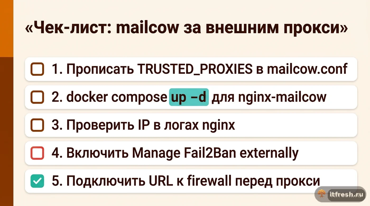 Пошаговый чек-лист настройки mailcow за внешним реверс-прокси с правильным определением IP и баном
