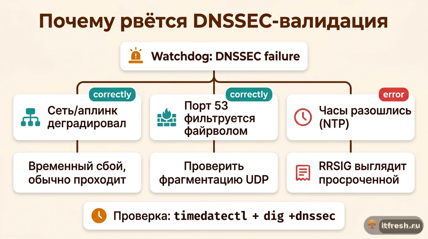 Дерево причин DNSSEC failure в unbound-mailcow: сеть, файрвол или рассинхронизация системного времени