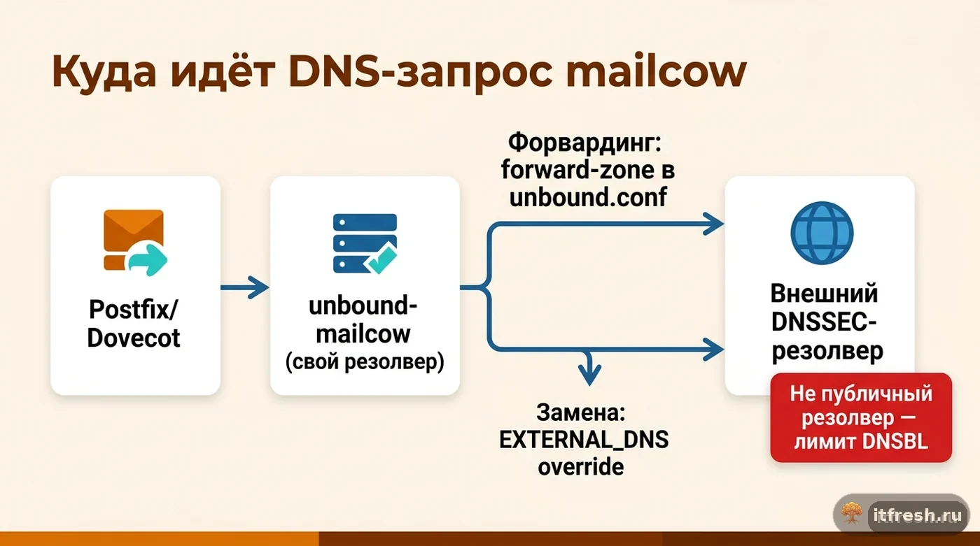 Схема маршрутизации DNS-запросов mailcow через unbound-mailcow с опциональным форвардингом на внешний DNSSEC-резолвер