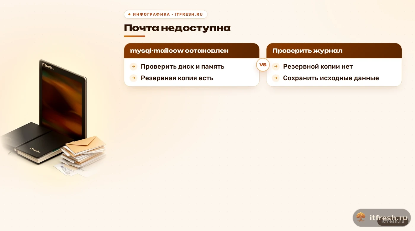 Дерево диагностики Mailcow до попытки восстановления базы