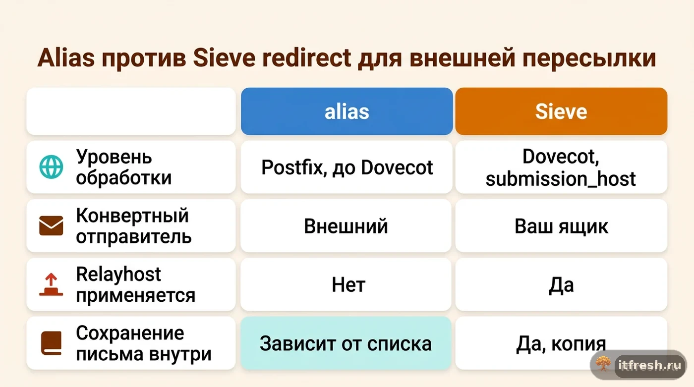 Таблица сравнения alias и Sieve redirect в mailcow по уровню обработки, применению relayhost и сохранению письма