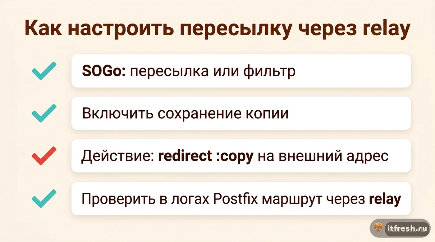 Чек-лист из четырёх шагов настройки внешней пересылки письма через Sieve-фильтр в SOGo вместо alias