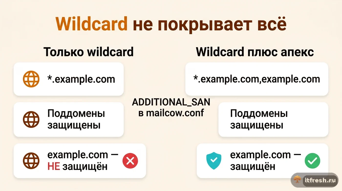 Сравнение сертификата только с wildcard и сертификата с wildcard плюс апекс-домен через ADDITIONAL_SAN в mailcow