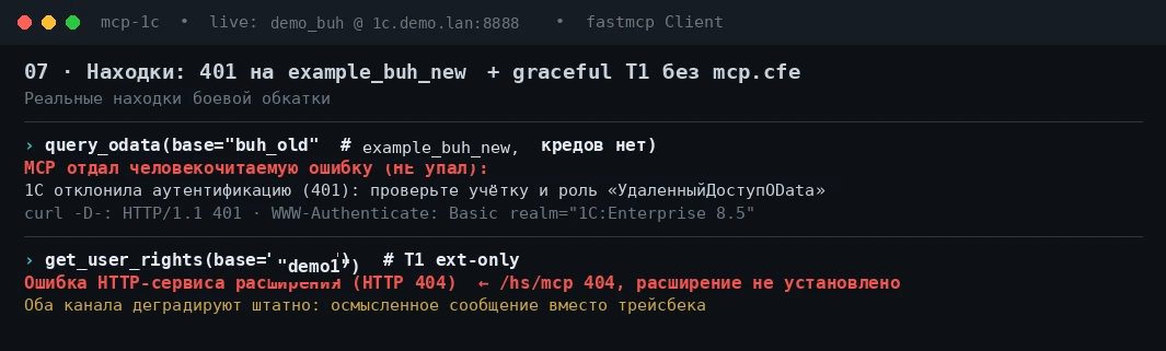 База с закрытым доступом вернула 401, сервер выдал человекочитаемое объяснение; расширенный инструмент честно сообщил, что расширение не установлено
