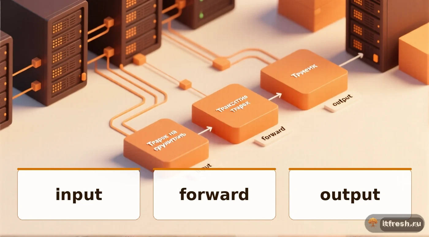 Схема цепочек firewall MikroTik: input, forward, output