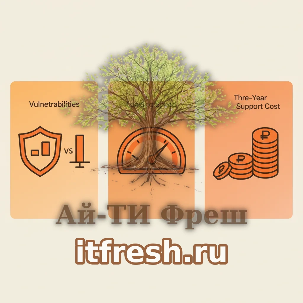 Сравнительная инфографика MODX и WordPress для малого бизнеса: три показателя — количество уязвимостей со щитом, скорость загрузки со спидометром и стоимость поддержки за три года с символом рубля