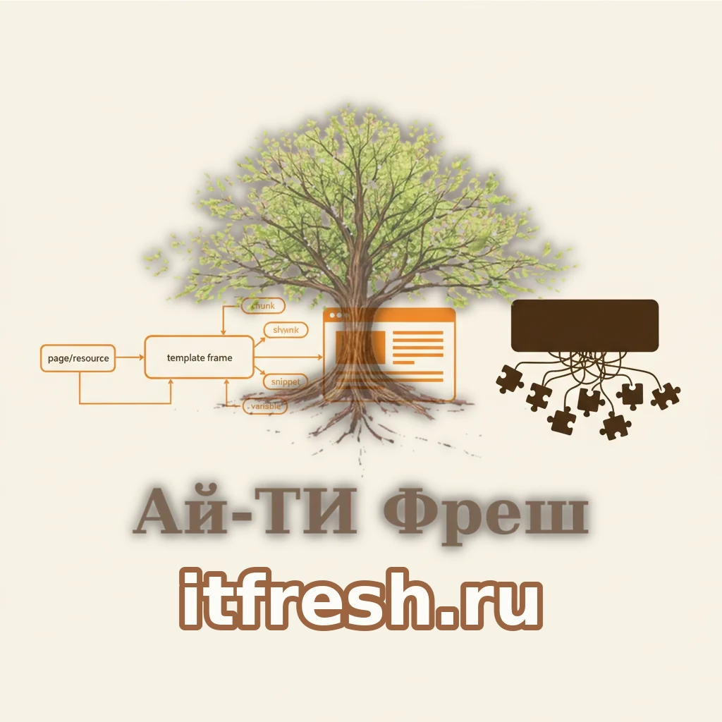 Схема архитектуры MODX: блоки Ресурс, Шаблон, Чанки, Сниппеты и TV-параметры соединены стрелками, рядом контраст — тема WordPress как монолит с гроздью навешанных плагинов