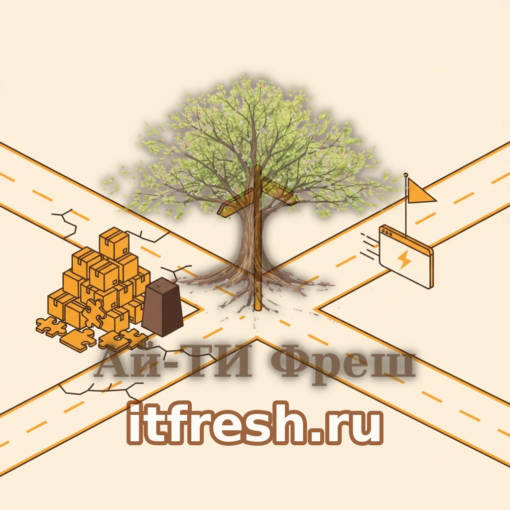 Развилка дорог: слева указатель к горе одинаковых коробок-плагинов в стиле WordPress, справа чистая дорога к минималистичному быстрому сайту в стиле MODX 3.2