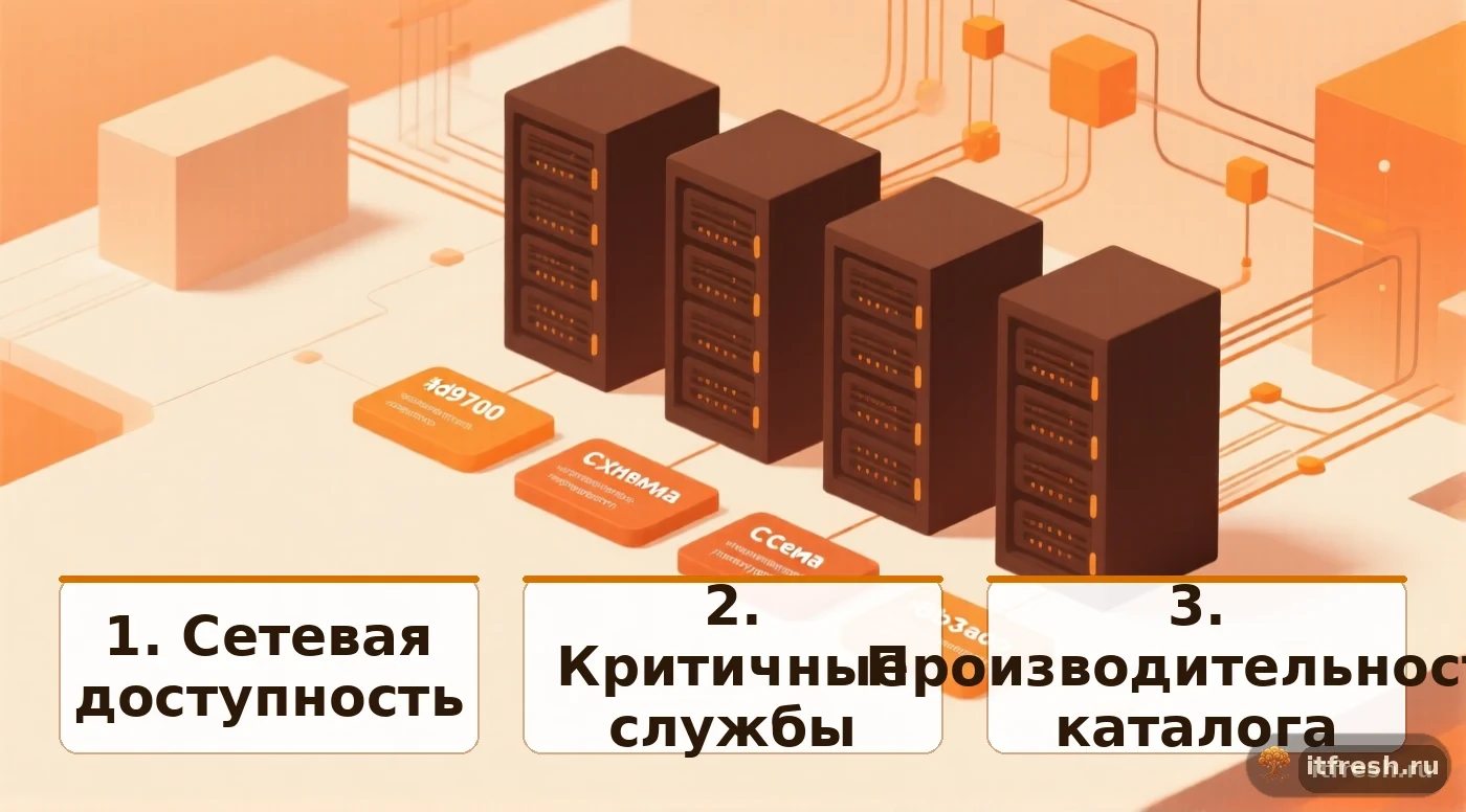 Схема уровней мониторинга Active Directory в Zabbix: сетевая доступность, службы, производительность, безопасность