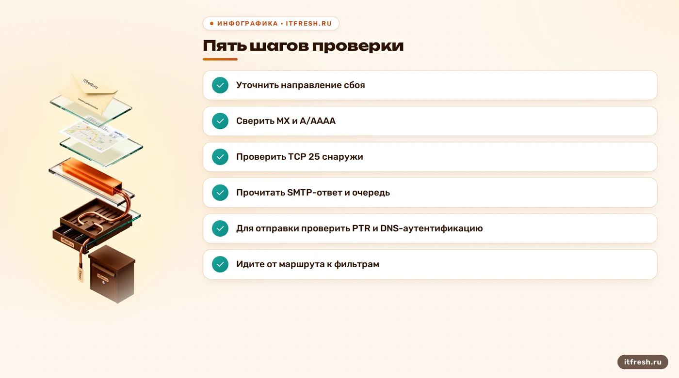 Пять шагов проверки MX, соединения, SMTP-ответа и исходящей почты