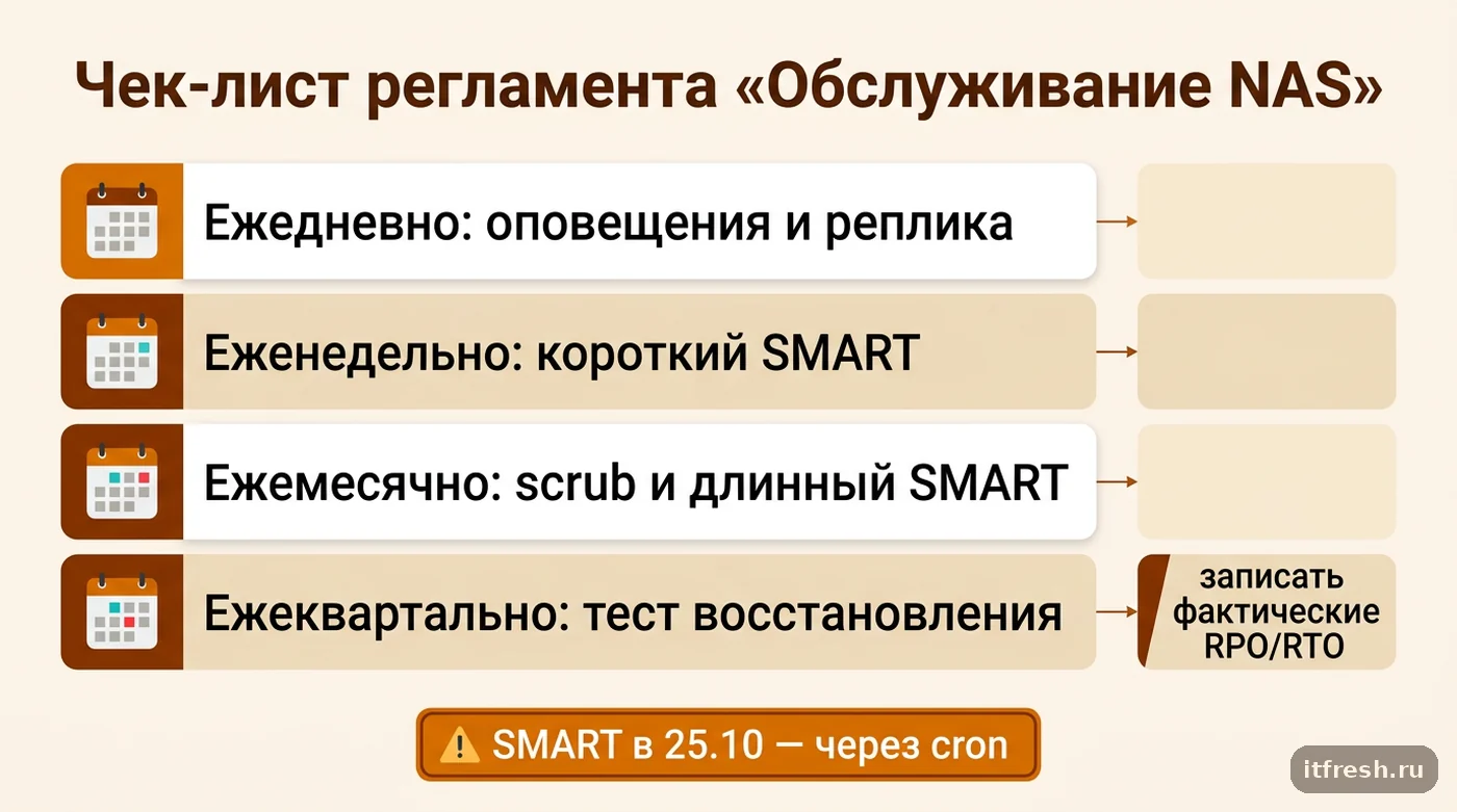 Регламент обслуживания NAS на TrueNAS: SMART-тесты, scrub и ежеквартальная проверка восстановления