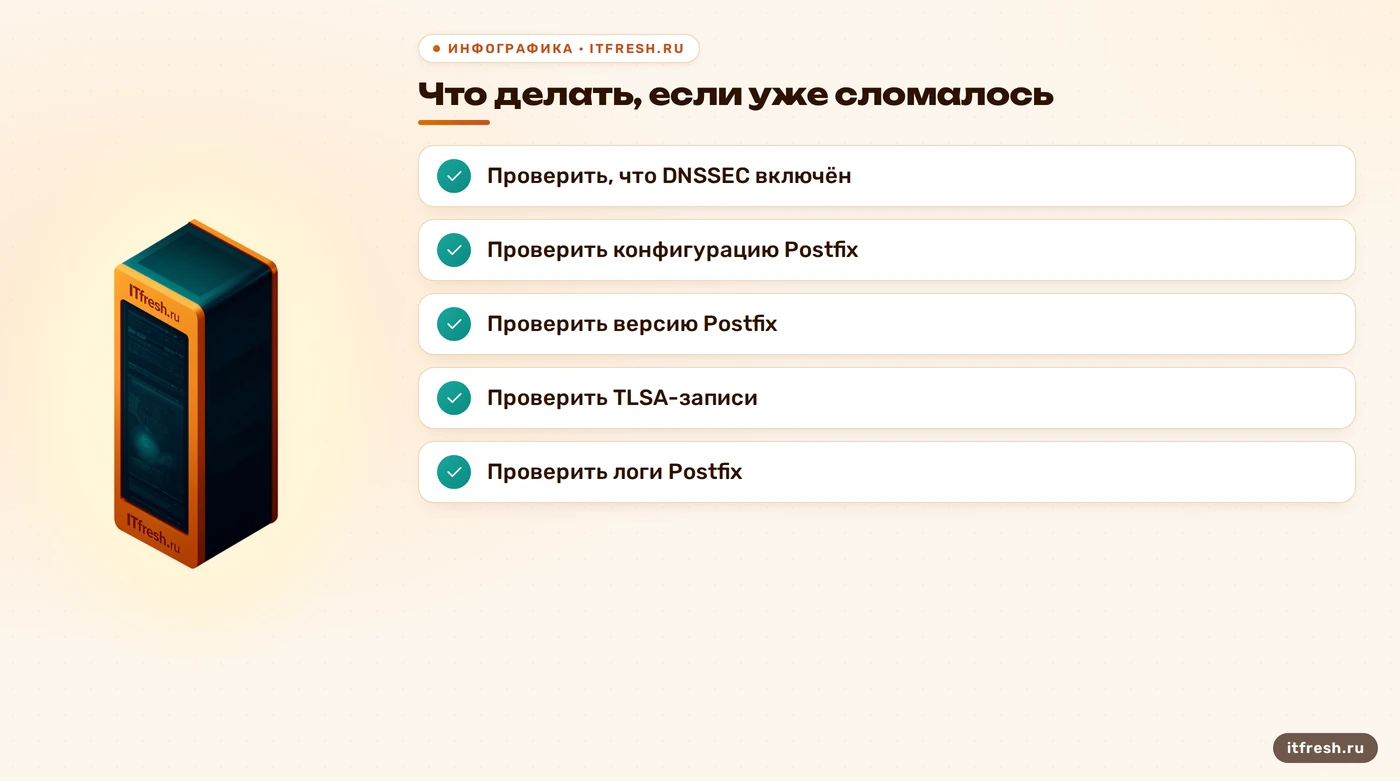 Что делать, если уже сломалось: Проверить, что DNSSEC включён