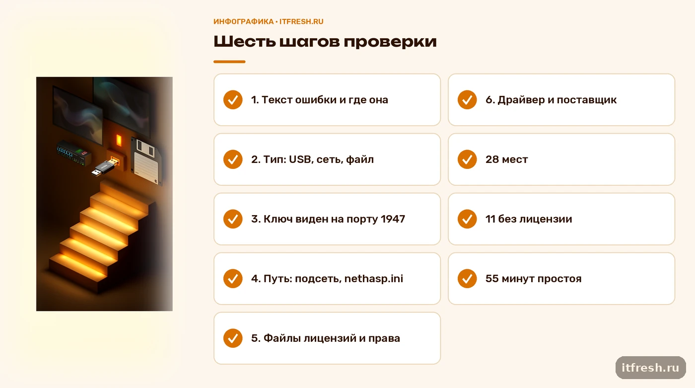 Чек-лист из шести шагов диагностики ошибки «не найден ключ защиты 1С» и цифры случая