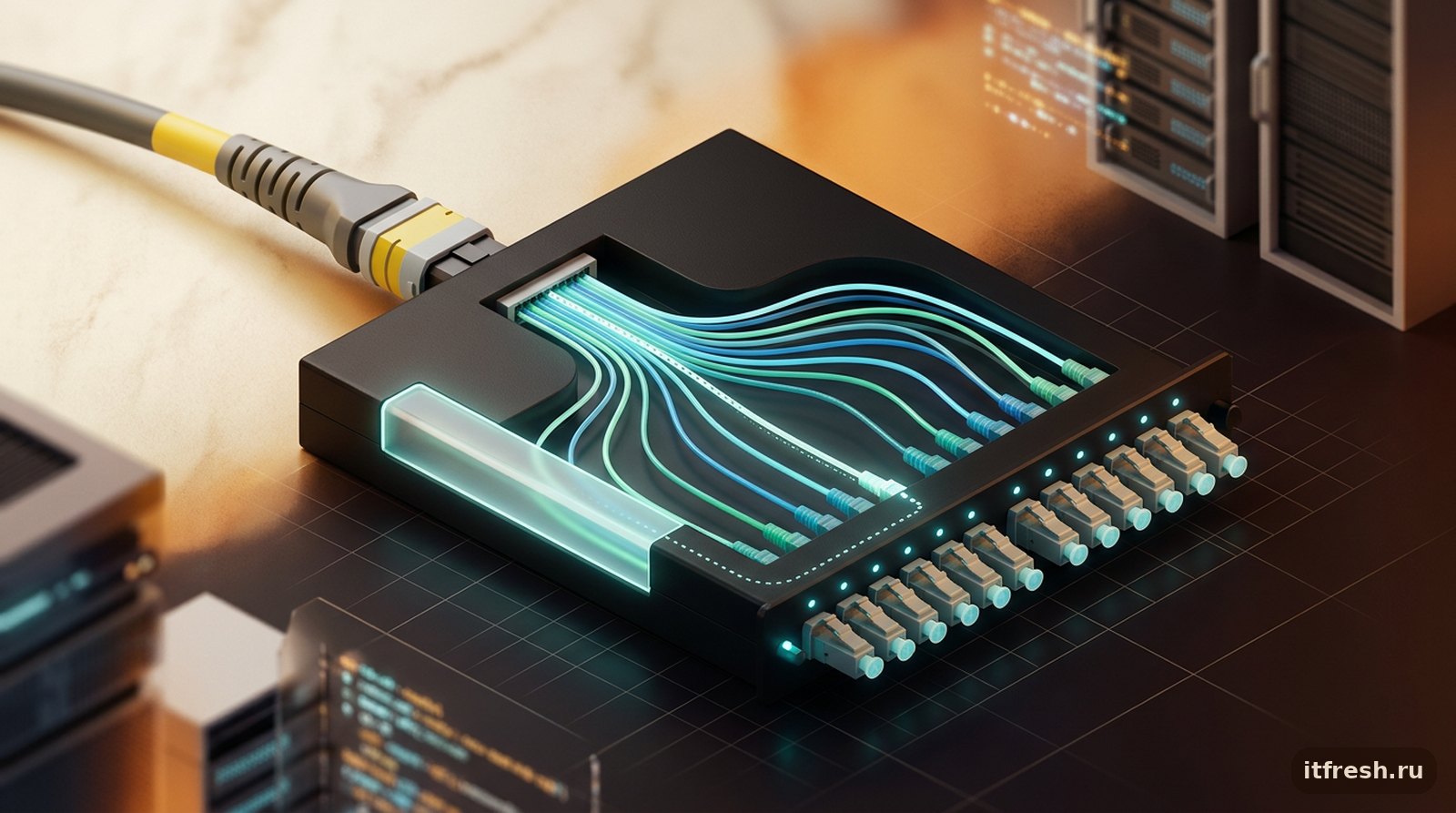 Оптическая кассета NetBox: MPO-транк на задней стороне разводится на отдельные LC-порты с трассировкой конкретного волокна