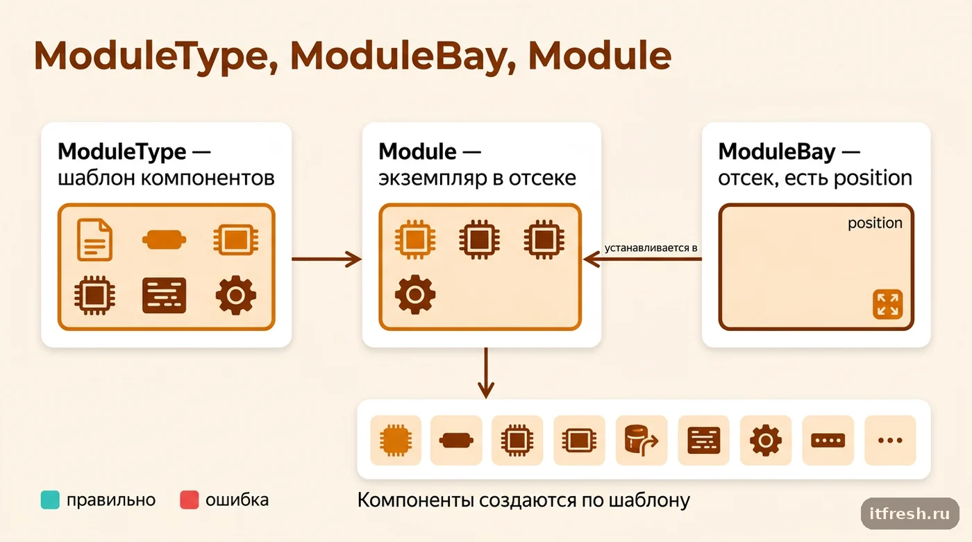 Схема связей ModuleType, ModuleBay и Module в модели данных NetBox DCIM