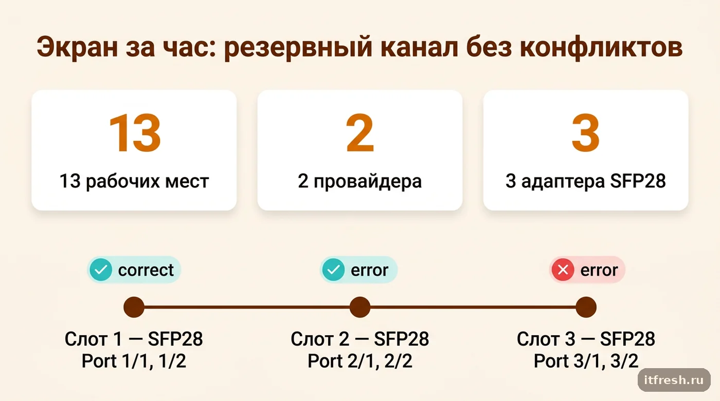 Итоги внедрения резервного канала связи с SFP28-адаптерами в NetBox для сети Экран за час, 13 рабочих мест
