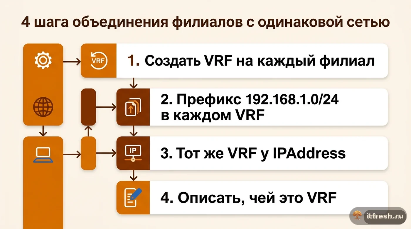 Пошаговый чек-лист из четырёх шагов для объединения двух филиалов с одинаковой подсетью в одном NetBox