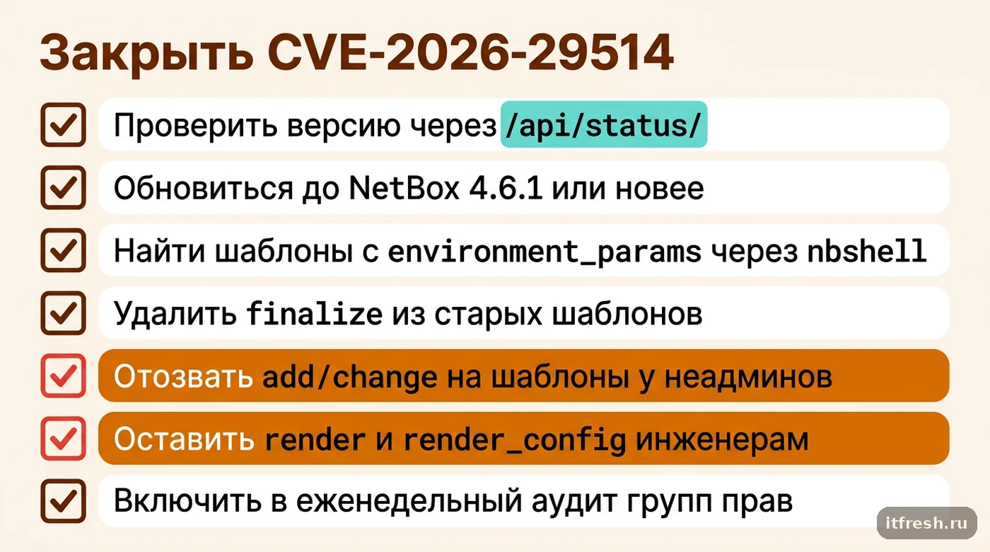 Чек-лист закрытия CVE-2026-29514 в NetBox: обновление версии, аудит шаблонов и пересмотр прав add_exporttemplate