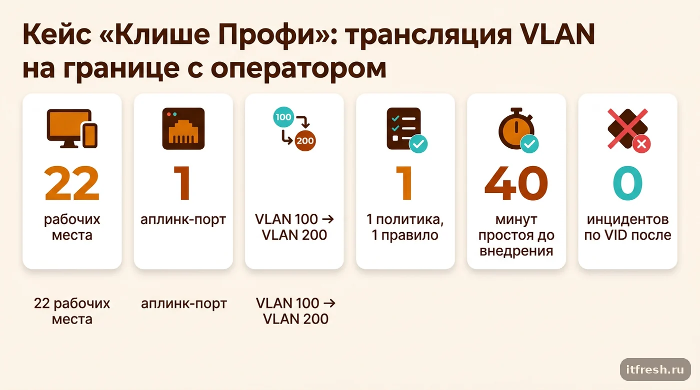Цифры кейса «Клише Профи»: трансляция VLAN 100 в VLAN 200 на границе с провайдером в NetBox
