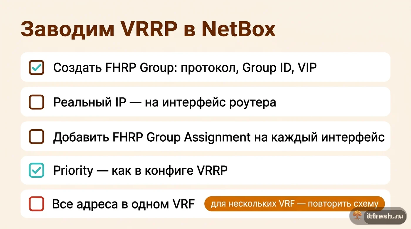 Чек-лист из пяти шагов заведения VRRP-пары маршрутизаторов в NetBox с общим VIP