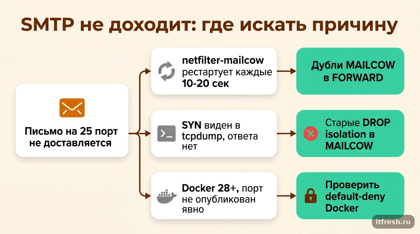 Дерево решений для диагностики недоставленного SMTP-трафика за netfilter-mailcow: три ветки причин и проверок