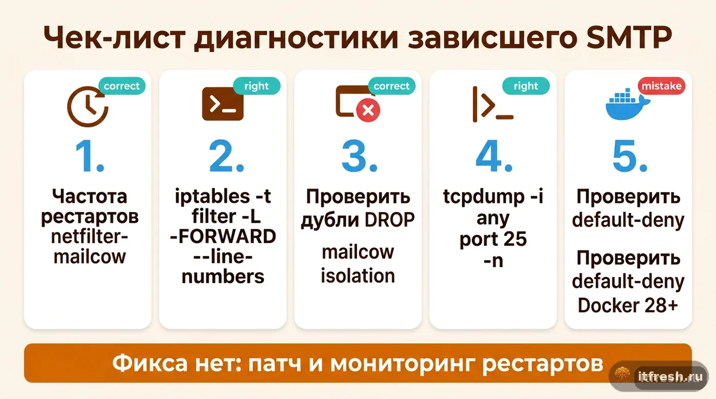 Чек-лист из пяти шагов диагностики недоставленной почты за контейнером netfilter-mailcow