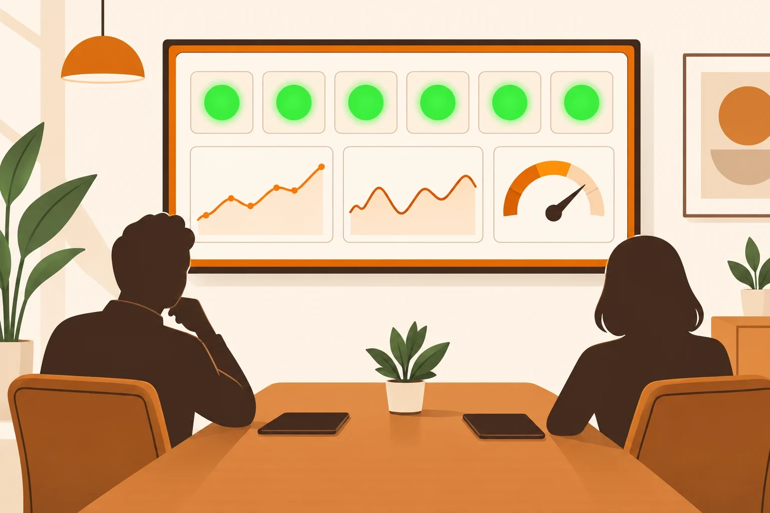 Дашборд Grafana со статусом офиса на экране телевизора в переговорке: графики и зелёные плитки состояния сервисов