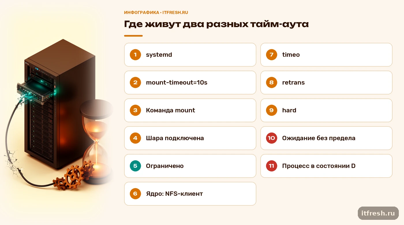 Схема: mount-timeout ограничивает только подключение, после него действуют hard, timeo и retrans в ядре
