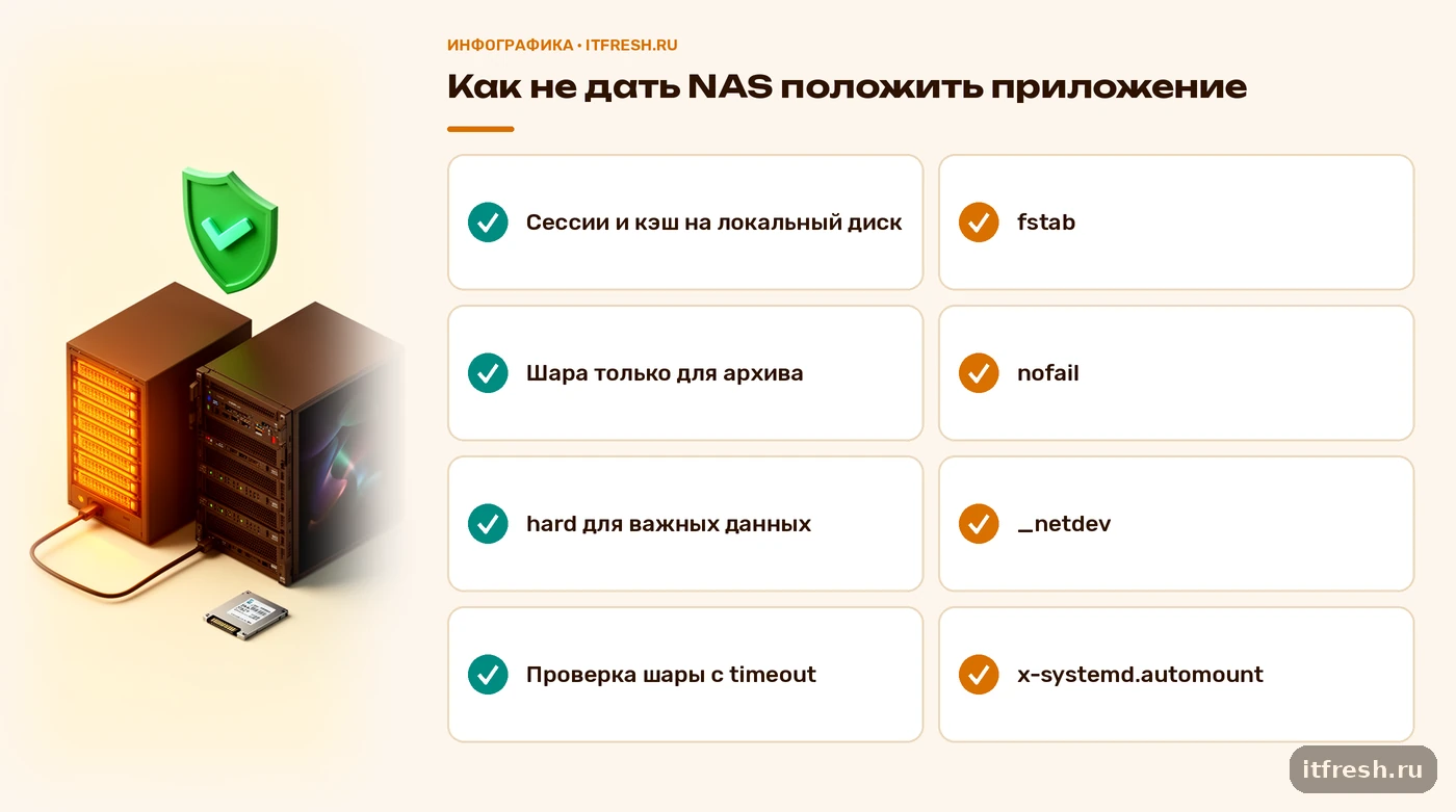 Чек-лист из четырёх шагов, как защитить приложение от отказа NFS-хранилища, и опции fstab